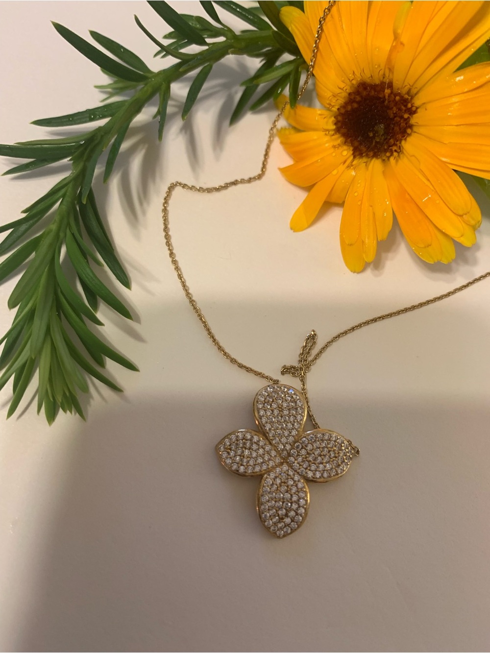 Gold Crystal Pave Four-Petal Pendant Necklace - Gold